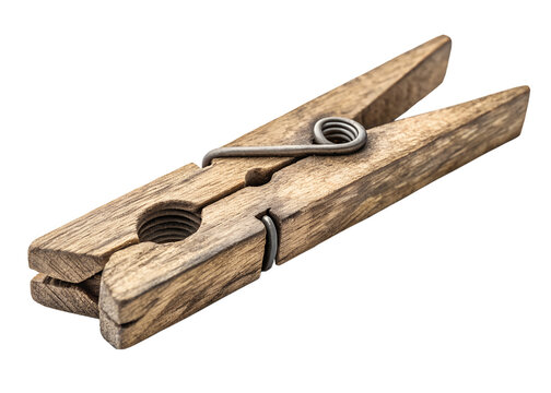 A single rustic wooden clothes peg with a metal spring mechanism isolated on transparent background