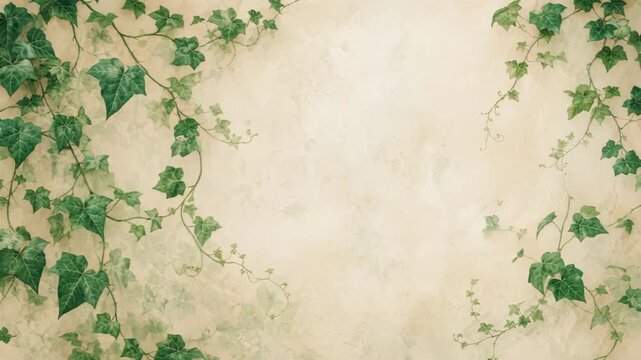 Green ivy leaves climbing on a beige textured wall background