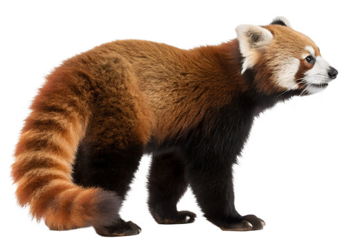 Full body shot of a cute red panda standing and looking to the side isolated on transparent background