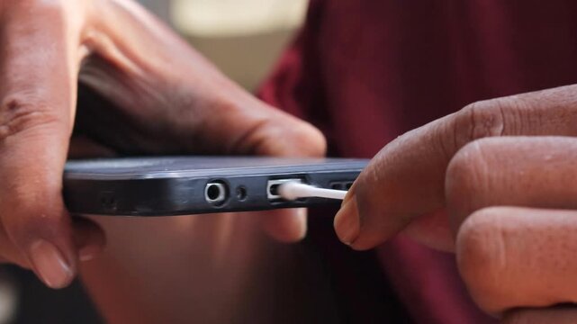 Close-up of an Asian man's hand cleaning a smartphone charging port with a cotton swab. Removing dust, lint, and debris from the charging connector for better device maintenance and smartphone care.