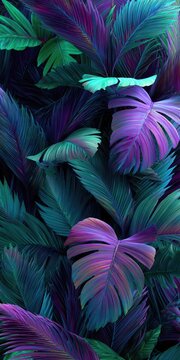 Dark tropical palm leaves with purple neon lighting.