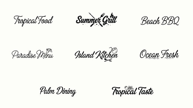 A collection of nine decorative script text logos for food and dining establishments