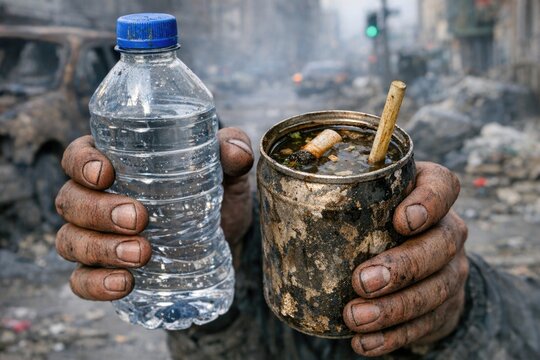 A person holding a bottle of water and a cigarette, possibly on a break or taking a moment
