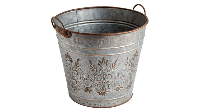 Old metal bucket or rustic zinc pail isolated on transparent background