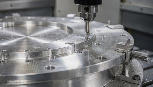 Medium shot focused on highpressure flanged port machining showcasing flange alignment drilling process and smooth metal surface finishing.