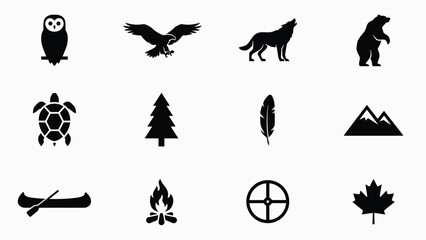 Fototapeta premium Black and white minimalist wildlife and nature symbols icon set with campfire with all rendered bold silhouette style against clean white background