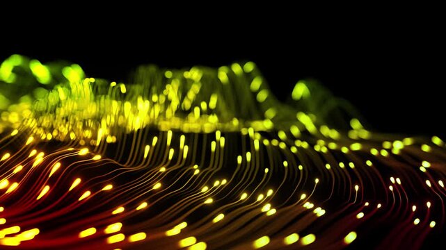 Glowing neon lines and fiber optic data particles flow dynamically in a wave pattern over a dark background. Perfect for visual representations of big data processing, artificial intelligence 5
