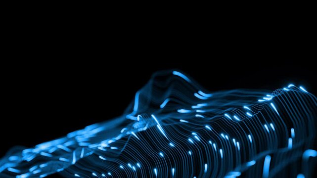 Glowing neon lines and fiber optic data particles flow dynamically in a wave pattern over a dark background. Perfect for visual representations of big data processing, artificial intelligence 8