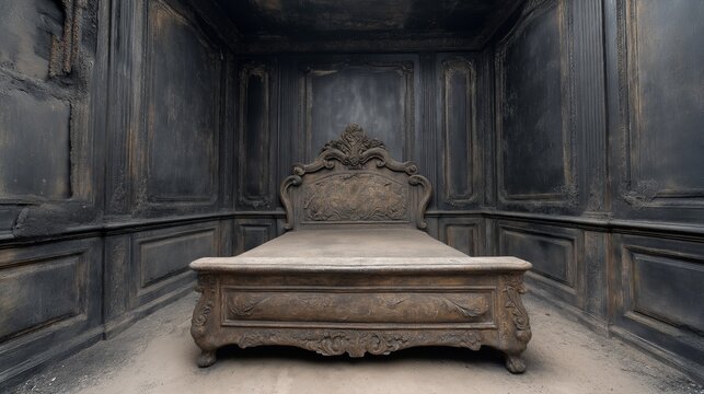 A burnt-out king-size bedroom. A fire-damaged royal bedroom with a charred carved king-size bed against a backdrop of blackened paneled walls and collapsed ceiling fragments.