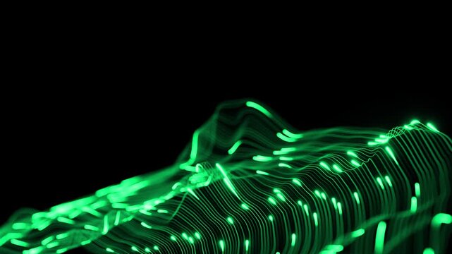 Glowing neon lines and fiber optic data particles flow dynamically in a wave pattern over a dark background. Perfect for visual representations of big data processing, artificial intelligence 9