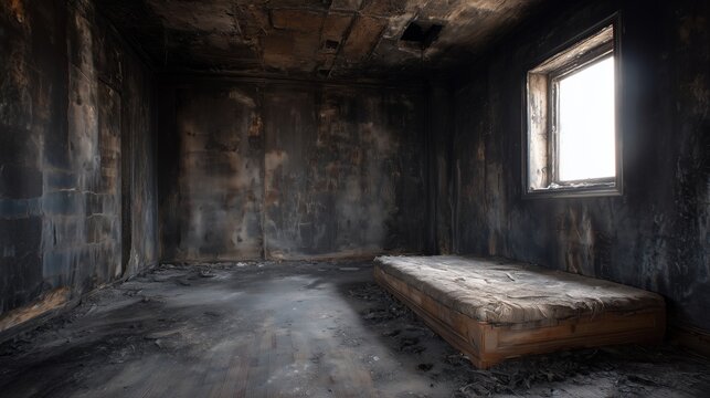 An almost completely burnt-out room with minimal furniture and traces of a severe fire, creating an atmosphere of desolation and destruction.