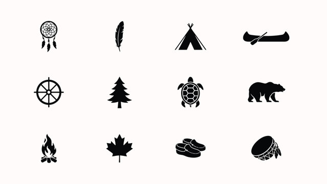 Black and white minimalist symbols of indigenous culture with high contrast collection twelve minimalist black silhouettes arranged grid with wildlife such bears turtles