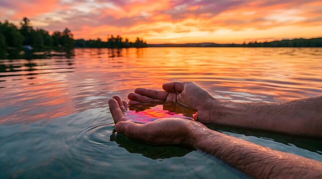 Hands cupping water at golden hour sunset. Person holding liquid reflecting warm evening sky over tranquil lake