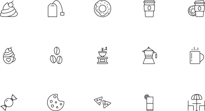 Coffee shop and hot beverage outline vector icon set featuring tea bags sweet donuts takeaway cups roasted beans vintage grinders and moka pots