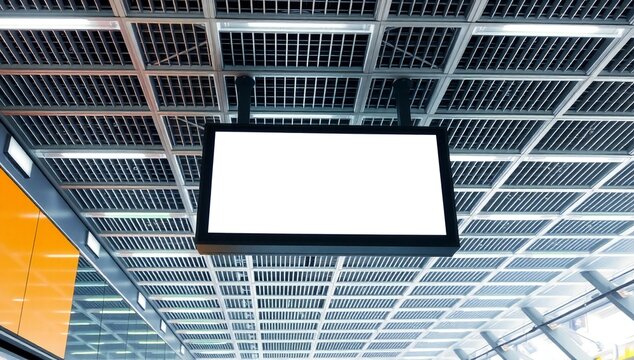 A large white screen suspended from a ceiling grid in a modern auditorium.