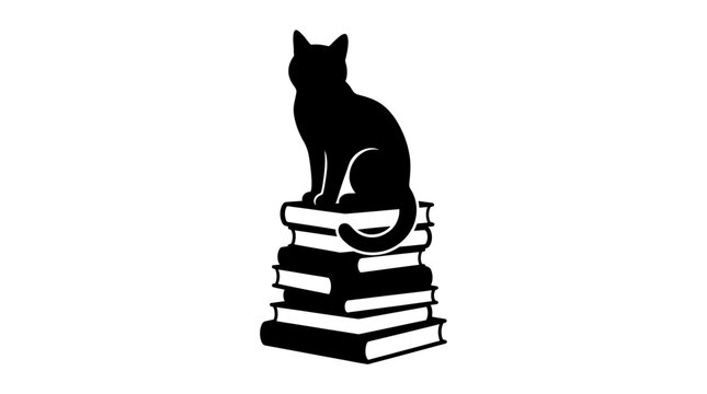 Helloween Black cat sitting on stack of books, feline silhouette, bookworm icon, educational symbol isolated on White Background vector