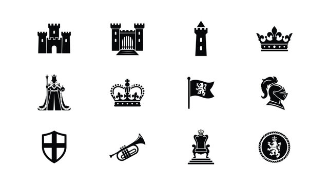 Black and white royalty and heraldry icon collection with clean silhouette style minimalist aesthetic uniform spacing against neutral background