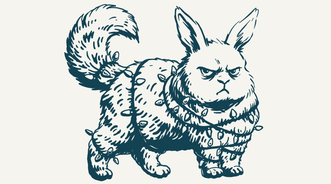 Angry rabbit christmas lights. Vintage animal sketch. Grumpy bunny design.