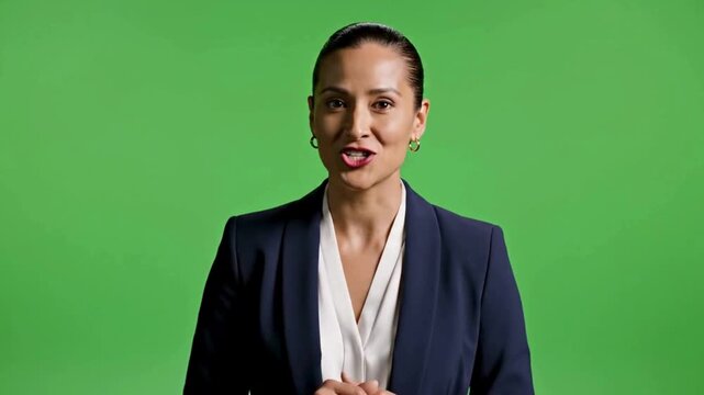 Woman in business attire presents in front of green screen background