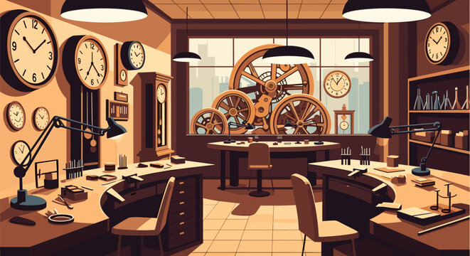 A vector illustration of a vintage clockmaker workshop interior. Scene with workbenches, tools, and clocks, representing craftsmanship, precision, and time.