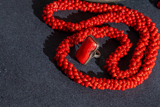 Jewelry red Coral Necklace and Ring set accessories.
