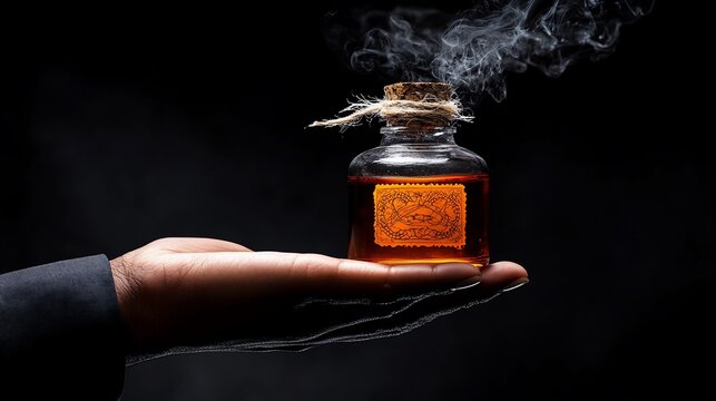 A hand holds a glass bottle with bubbling liquid, smoke rising against a black backdrop