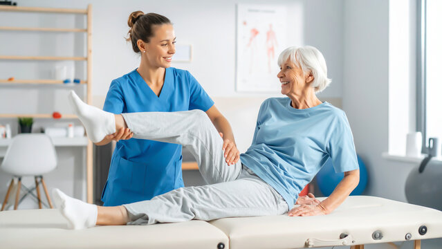 Physiotherapeut unterst&uuml;tzt Seniorin bei Bein&uuml;bung