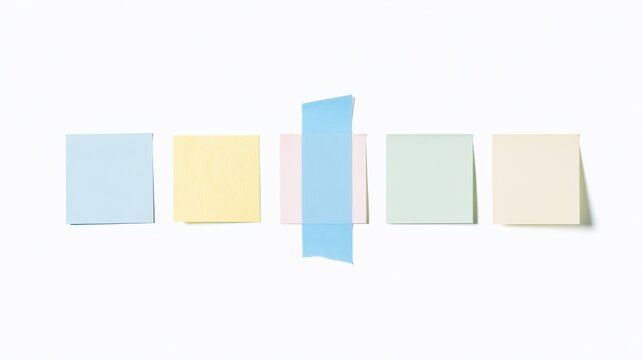A collection of five small, square paper notes in distinct colors (pastels) and textures, arranged in a row, with the third one attached by a large, visible piece of blue painter's tape