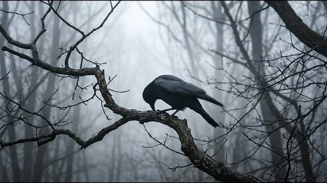 Black raven perched on bare branch in misty forest