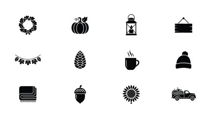 Naklejka premium Twelve minimalist autumn themed icons featuring seasonal decor harvest and cozy elements with flat design style uniform spacing light neutral background