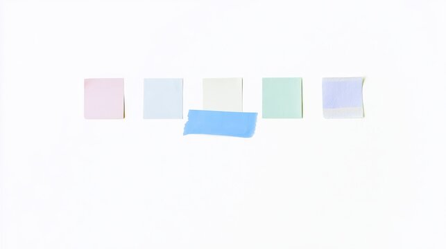 A collection of five small, square paper notes in distinct colors (pastels) and textures, arranged in a row, with the third one attached by a large, visible piece of blue painter's tape