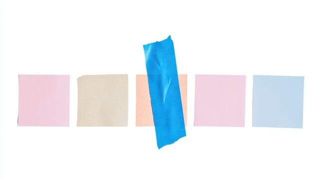 A collection of five small, square paper notes in distinct colors (pastels) and textures, arranged in a row, with the third one attached by a large, visible piece of blue painter's tape