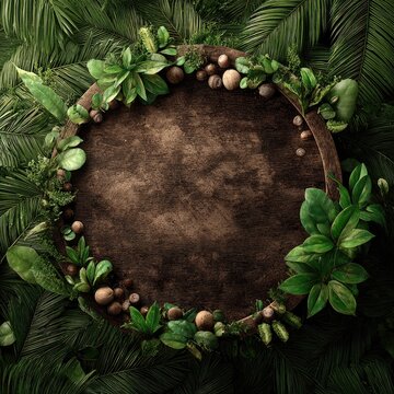 Dark wood tray surrounded by forest green leaves.