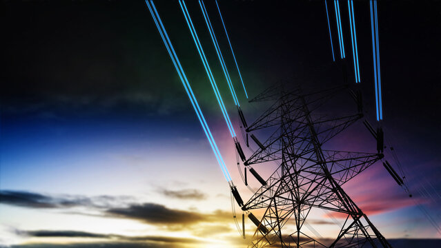 Silhouette of a high voltage electricity pylon with glowing blue digital light beams on power lines against a dramatic colorful sunset sky. Concept of smart grid and future energy