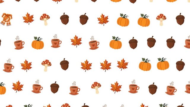 Cute Autumn Fall Pattern with Pumpkins, Leaves, and Acorns Illustration