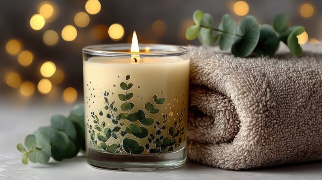 Decorated candle with spa towel greens.