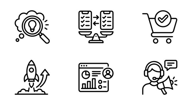 Business Icons Set: SEO, Analytics, Shopping Cart, Startup Rocket, Customer Support, Data Comparison