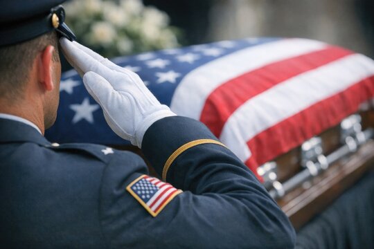 A military honor guard member salutes the flag on a casket, honoring fallen comrades