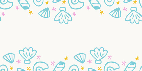 Horizontal seamless border background banner template with hand drawn blue seashells and stars on white  © Little Joy Designs