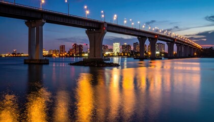 Fototapeta premium Illuminated Bridge Spanning Water at Dusk with City Skyline Reflection.