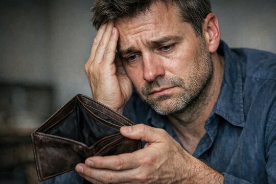 A person hiding their face with a wallet, possibly feeling anxious or secretive