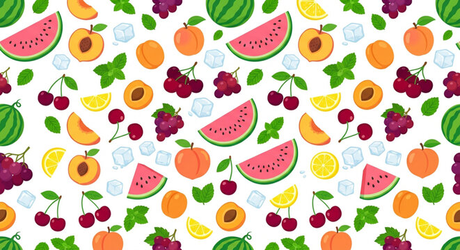 Colorful Fruit Pattern, Fresh Food Icons, Seamless Texture, Healthy Eating Background