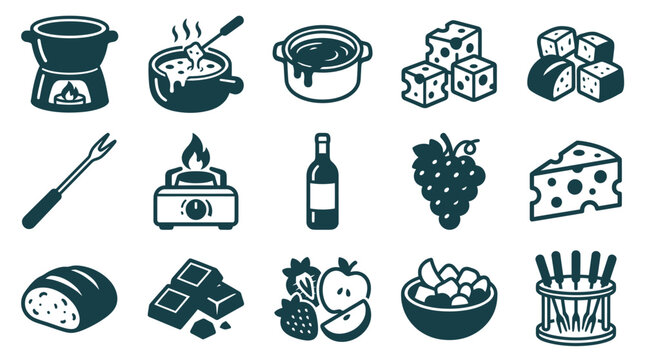 Collection of 15 minimalist fondue icons including pots, melted cheese, chocolate, bread, fruit, grapes, wine bottle, burner, and dipping forks isolated on a white background.