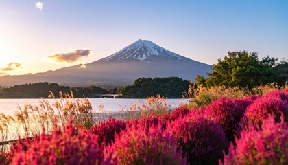 Fototapeta premium Majestic Mount Fuji at Sunrise with Vibrant Pink Flowers and Calm Lake.