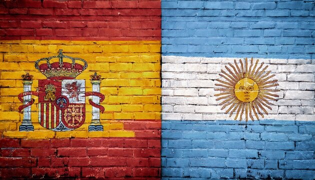spain flag and argentina flag graffiti on brick wall