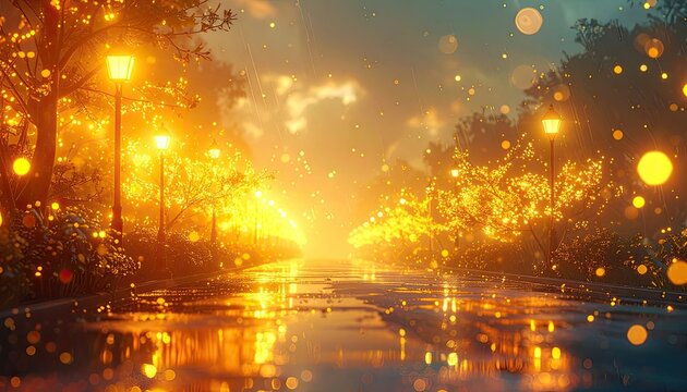 Magical Evening Park Pathway Illuminated by Warm Streetlights and Bokeh Lights.