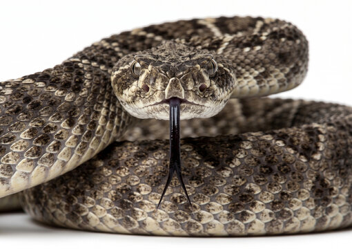 Coiled rattlesnake on white background side view