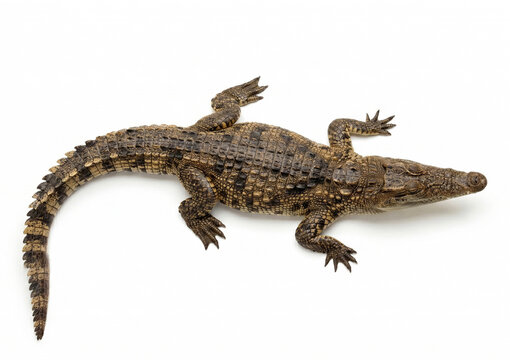 Top-down view of a small crocodile on a white background.