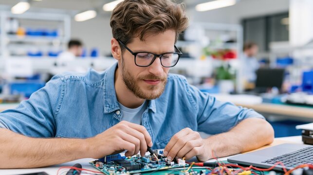 Young technician carefully repairs electronic circuit board with tools in a modern lab