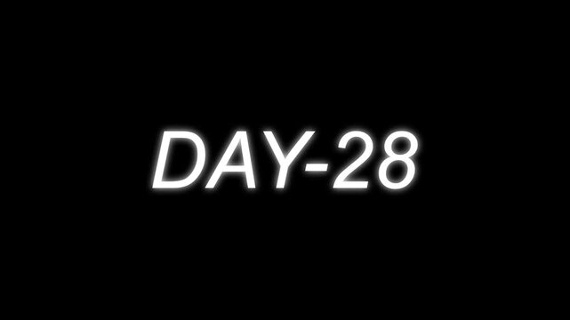 Day 28, 28 Day Text Animation Videos isolated On Black Background. 28 Day 4k Animation Videos. Display day text animation with white font against a solid black background centered well